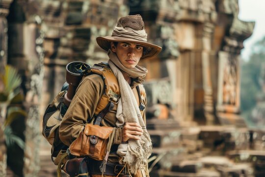 Adventurous explorer with backpack standing in ancient ruins, wearing a hat and looking into the distance.