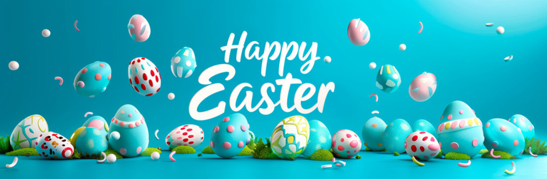 Vibrant Happy Easter Greeting with Floating Eggs. A dynamic and colorful display of various patterned Easter eggs floating joyously on a bright blue background with a cheerful 'Happy Easter' message.