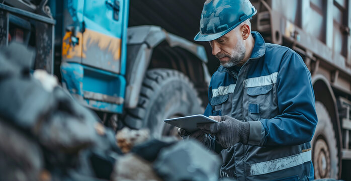In a scene of industrial diligence, a dump truck driver in a blue and gray uniform carefully reviews data on a digital tablet