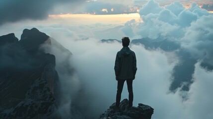 Image of a young man standing and looking high up on a mountain. The idea of being alone in a place...