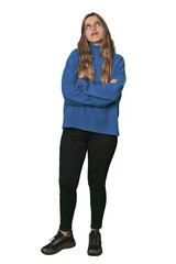 Studio portrait of a blonde Caucasian woman tired of a repetitive task.