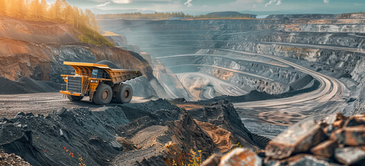 Mining Sunset Panorama. A vast open-pit mine under the warm glow of a setting sun, with a large mining truck in the foreground, driving on the dusty trail - obrazy, fototapety, plakaty