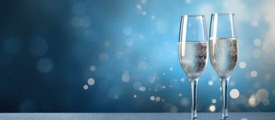 Two champagne glass on christmas bokeh background. - obrazy, fototapety, plakaty