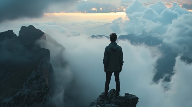 Image of a young man standing and looking high up on a mountain. The idea of being alone in a place that most people can't reach.