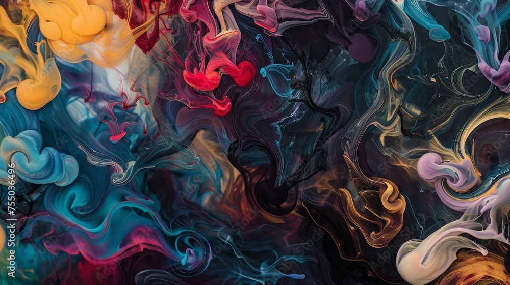 Poster artistic display of vibrant and swirling colors creating a mesmerizing abstract ink pattern with a f