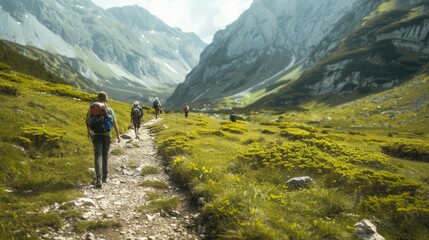 Obraz premium Photo of a summer landscape in the mountains with tourists walking along a lonely path on a transparent background.