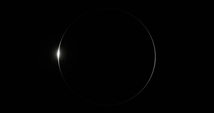 Circle frame with glowing silver beam. Round solar eclipse illuminated by 3d render white luminous line moving along perimeter