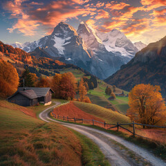Autumn sunset in Swiss alps Grindelwald