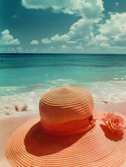 Fototapeta na wymiar a hat with a flower on it sits on the beach