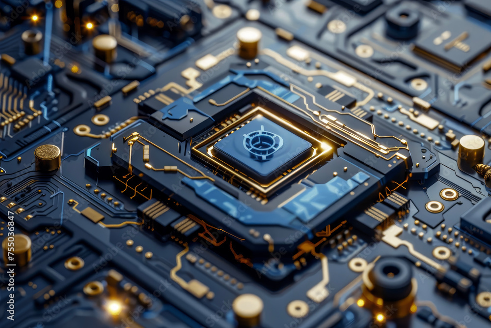 Poster a processor with a blue and gold design and a quantum system on it