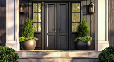 Black Front door with plants, Facade of a modern building with modern door