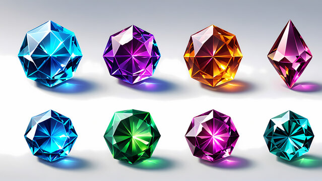 Colorful diamonds and gemstones collection. crystals natural minerals, jewelry. icon illustration, asset for game.