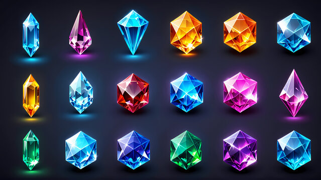 Collection of diamonds and gemstones. different types and shapes of colorful gemstones. asset for game.