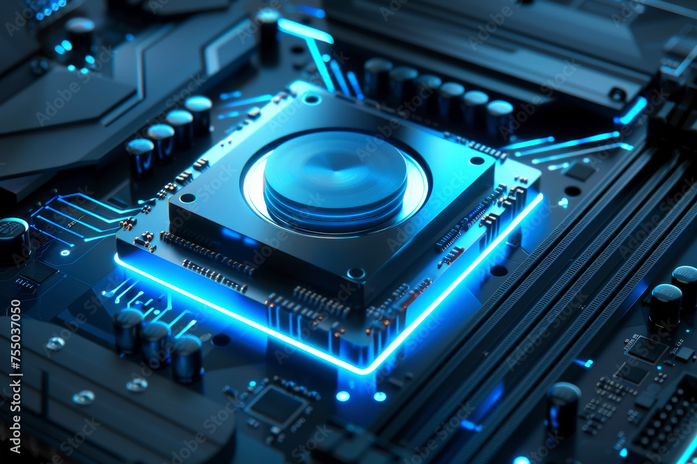 Poster a processor with a blue led light and a fan on top of it