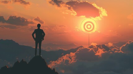 Silhouette of businessman holding a target board on top of mountain. Concept of aim and objective achievement. - obrazy, fototapety, plakaty