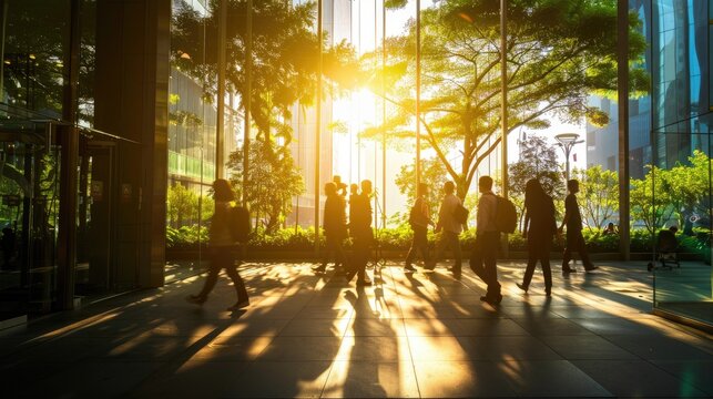 Silhouette background of people walking in modern office building with green trees and sunlight. Eco-friendly and ecologically responsible business idea with copy space.
