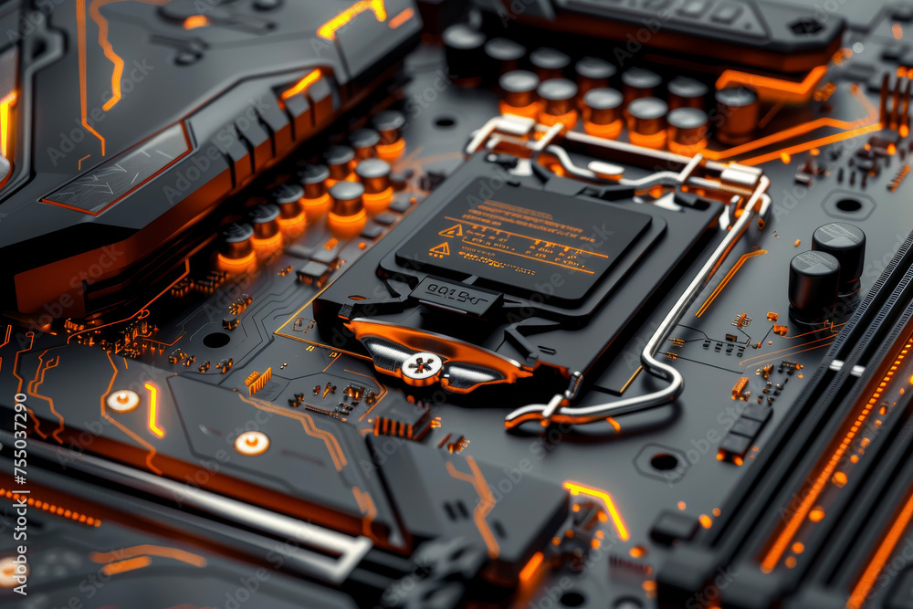 Poster a processor with a orange and black design and a overclocking system on it