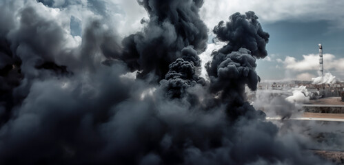 Obraz premium Ravaged Landscape: The Harrowing Beauty of a Black Smoke-Enveloped Scene created with Generative AI technology