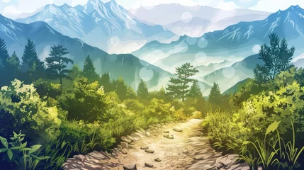 Deurstickers Summer landscape in mountains with trail isolated on transparent background © panu101