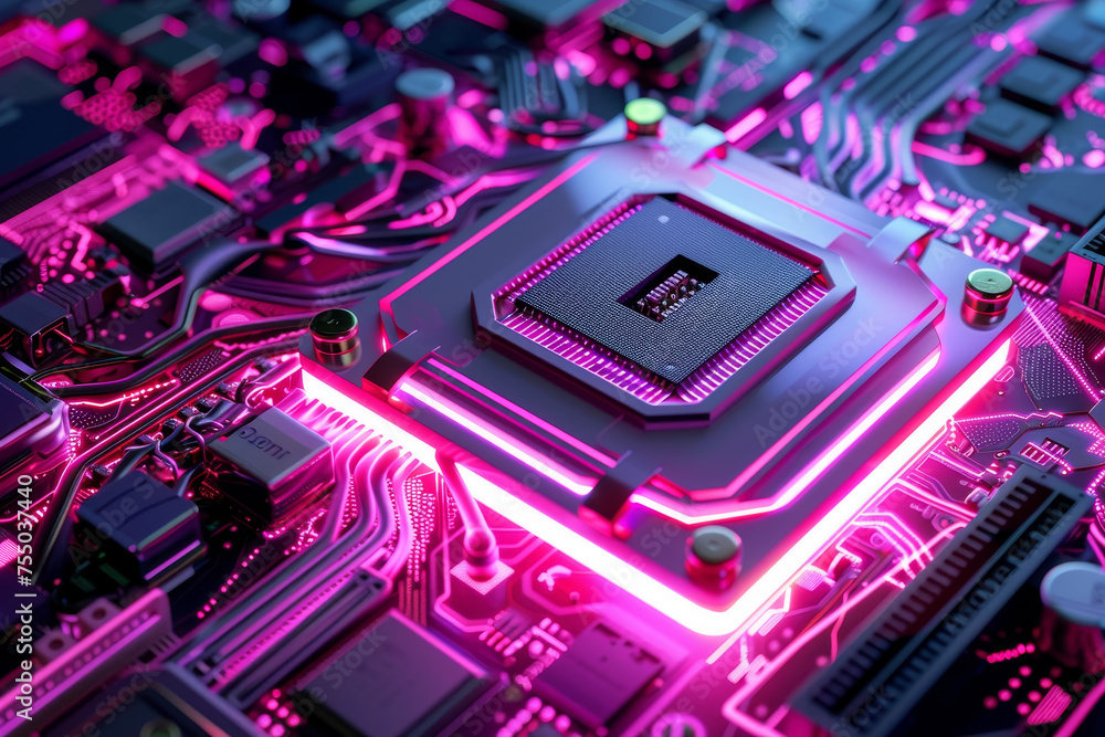 Poster a processor with a pink and silver design and a gaming system on it