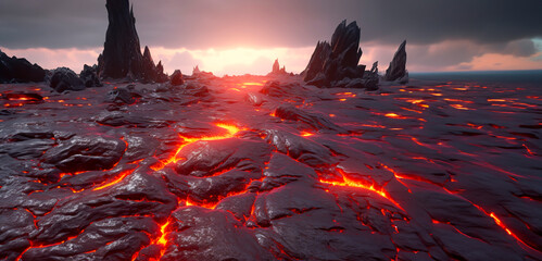 Fiery Volcanic Landscape: A Vision of Boiling Lava | Created with Generative AI