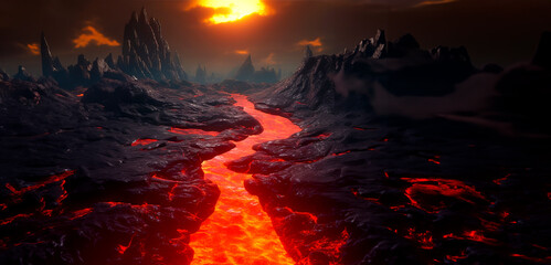 Explore an otherworldly volcanic wasteland, where the seething magma reveals the raw power of nature. Created with Generative AI technology
