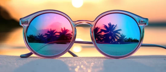 Deurstickers Blue sunglasses lie in the sand on the beach near the sea. © Aquarius