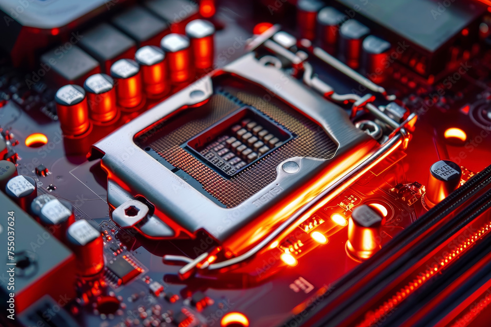 Poster a processor with a red and silver design and a fire system on it