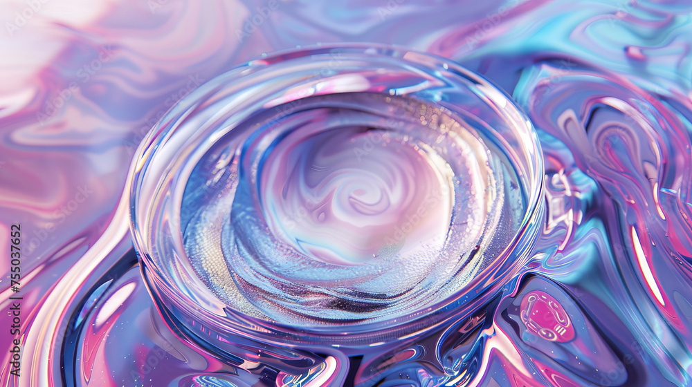 Poster a digitally created swirl with a glassy translucent appearance, reflecting light with a hypnotic, se