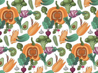 Seamless vector pattern of vegetables. Pumpkin, zucchini, avocado, onion, eggplant, cucumber, beetroot, radish, pepper, garlic, broccoli and tomato on a white background.