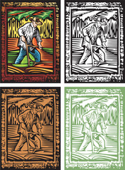 Old-fashioned Farmer Tilling the Land Vector Illustration Set in Woodcut Style. Several Versions.