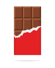 Chocolate bar in opened red wrapped and foil isolated on white background, dessert, vector illustration in flat style. Chocolate bar on white background, vector illustration. Milk chocolate bar. 