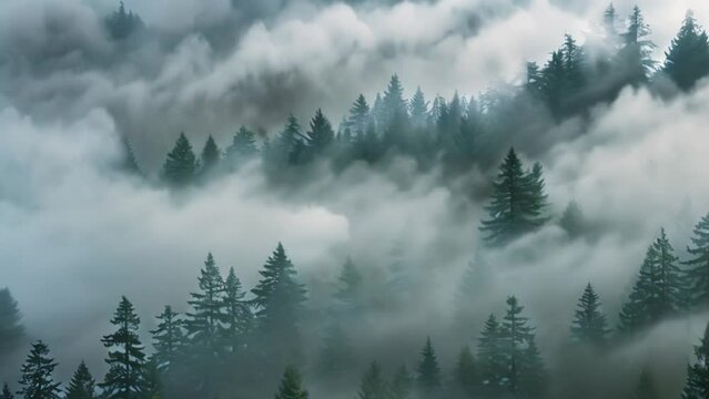 Beautiful landscape misty pine forest taken from a high angle
