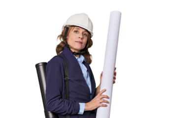 Skilled architect with blueprints and helmet, planning and design focus