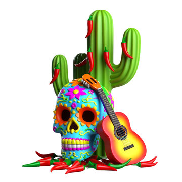 A Sugar skull with a guitar and a cactus. The skull is decorated with flowers and the guitar is placed on the ground. The cactus is also present in the scene. Scene is spooky and mysterious