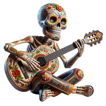 Sugar skull is playing a guitar with colorful decorations. The image has a festive and playful mood, as the skeleton is dressed in bright colors and is surrounded by flowers