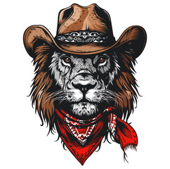 Lion Head wearing wearing cowboy hat and bandana around neck