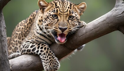 A Leopard With Its Tongue Curling Around A Branch Upscaled 3 - obrazy, fototapety, plakaty