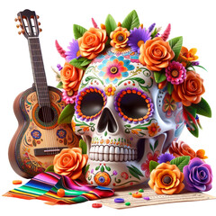 Fototapeta premium Sugar skull with flowers and a guitar on the left side