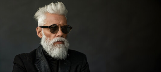 A man with a beard and glasses is wearing a black suit and looking at the camera. Concept of confidence and sophistication, as the man is dressed in a professional manner and is posing for the camera - obrazy, fototapety, plakaty