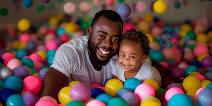 A man and a child are smiling together in a colorful ball pit