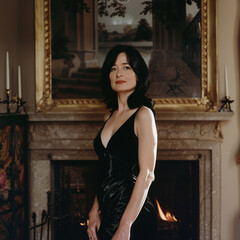 Obraz na płótnie Canvas Beautiful female, 40 years old, shoulder length black hair, wearing long black dress, standing in front of a fireplace in modern, upmarket house.