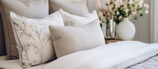 A traditional bed is adorned with a variety of pillows, adding a decorative touch to the classic bedroom interior design. The pillows are neatly arranged on top of the bed,