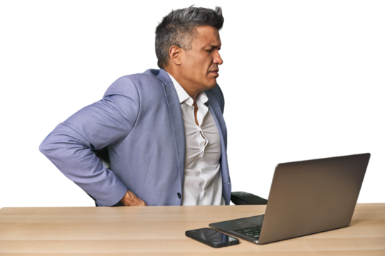 Elegant businessman at desk with laptop suffering a back pain. - Powered by Adobe