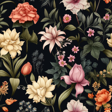 Elegant Vintage Floral Pattern on Dark Background

