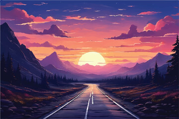Road landscape with beautiful sunset view illustration. Beautiful Landscape showing view of a road leading to hills. highway drive with beautiful sunset landscape. Road through fields and hills.
