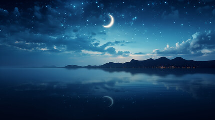 a Ramadan sky with stars and a crescent moon above a calm sea. Ramdan Kareem & Eid Mubark. 