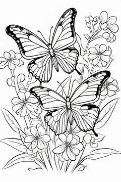 Butterflies and Flowers Line Art Illustration

