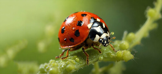 Obraz premium Red black Ladybug on green leaf, Ladybugs as Organic Pest Contro A close up portrait of a red ladybug or coccinellidae with black spots, walking towards the edge of a green leaf of a tree .