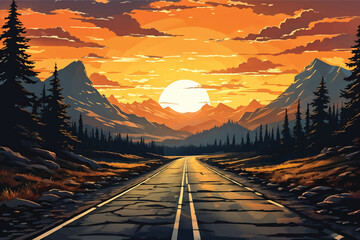 Road landscape with beautiful sunset view illustration. Beautiful Landscape showing view of a road leading to hills. highway drive with beautiful sunset landscape. Road through fields and hills. - obrazy, fototapety, plakaty